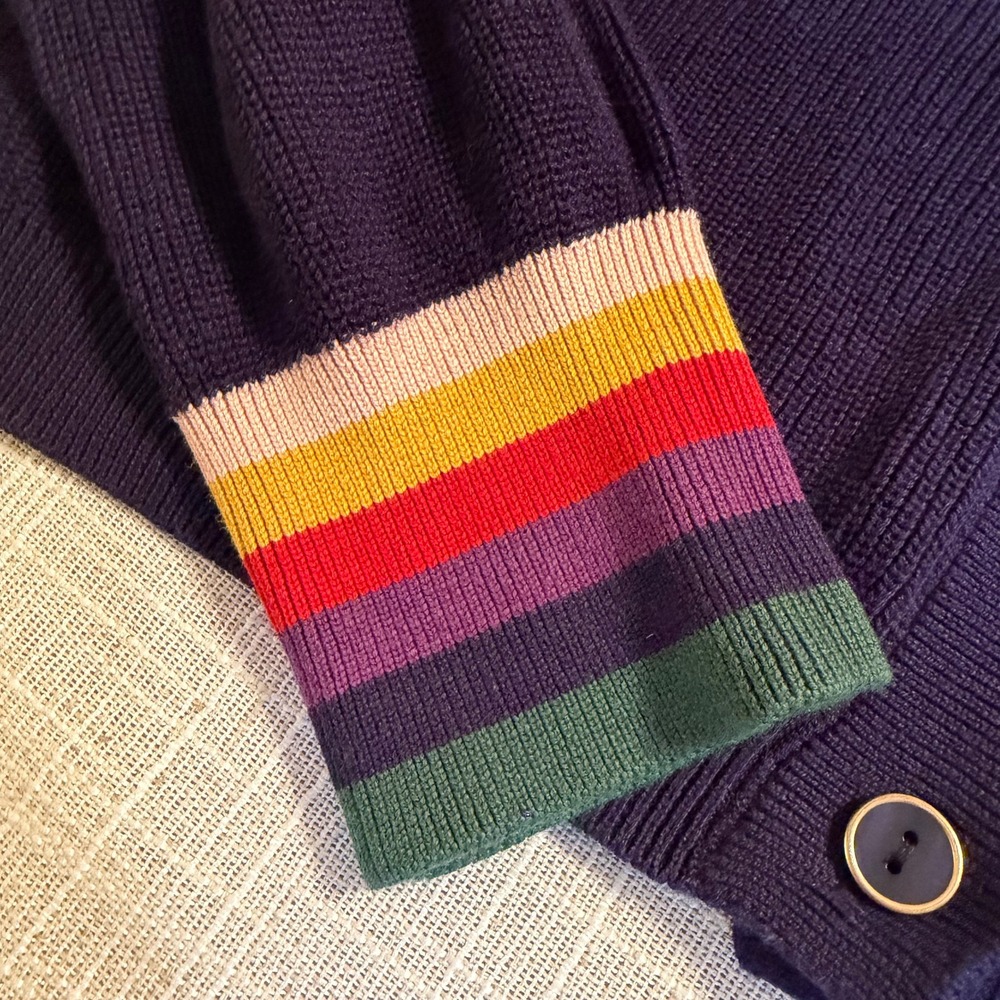 ModCloth Navy Blue Rainbow Striped Trim Cropped Cardigan Sweater XL Cotton Modal - Picture 2 of 7